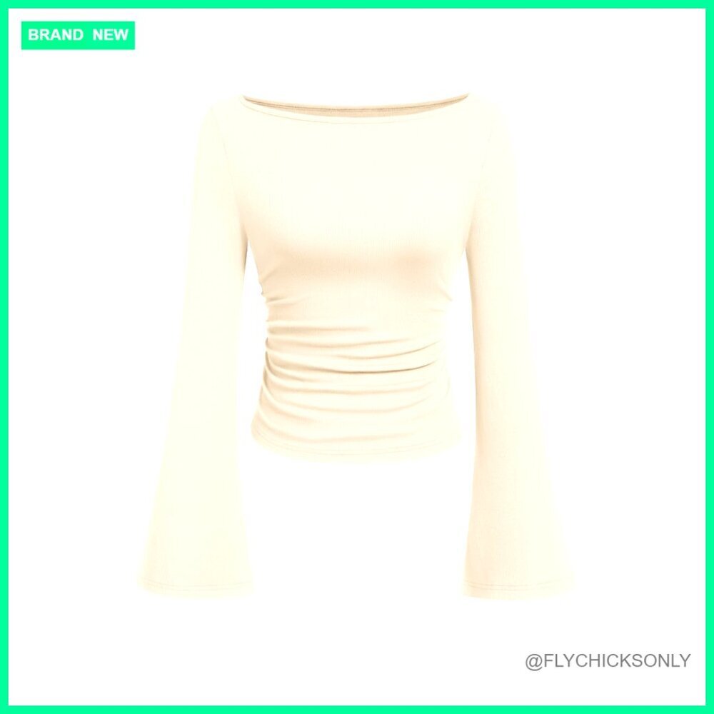 Long Sleeve Crop Top Slim Fit Ribbed Knit Bell Sleeve Ruched Y2K